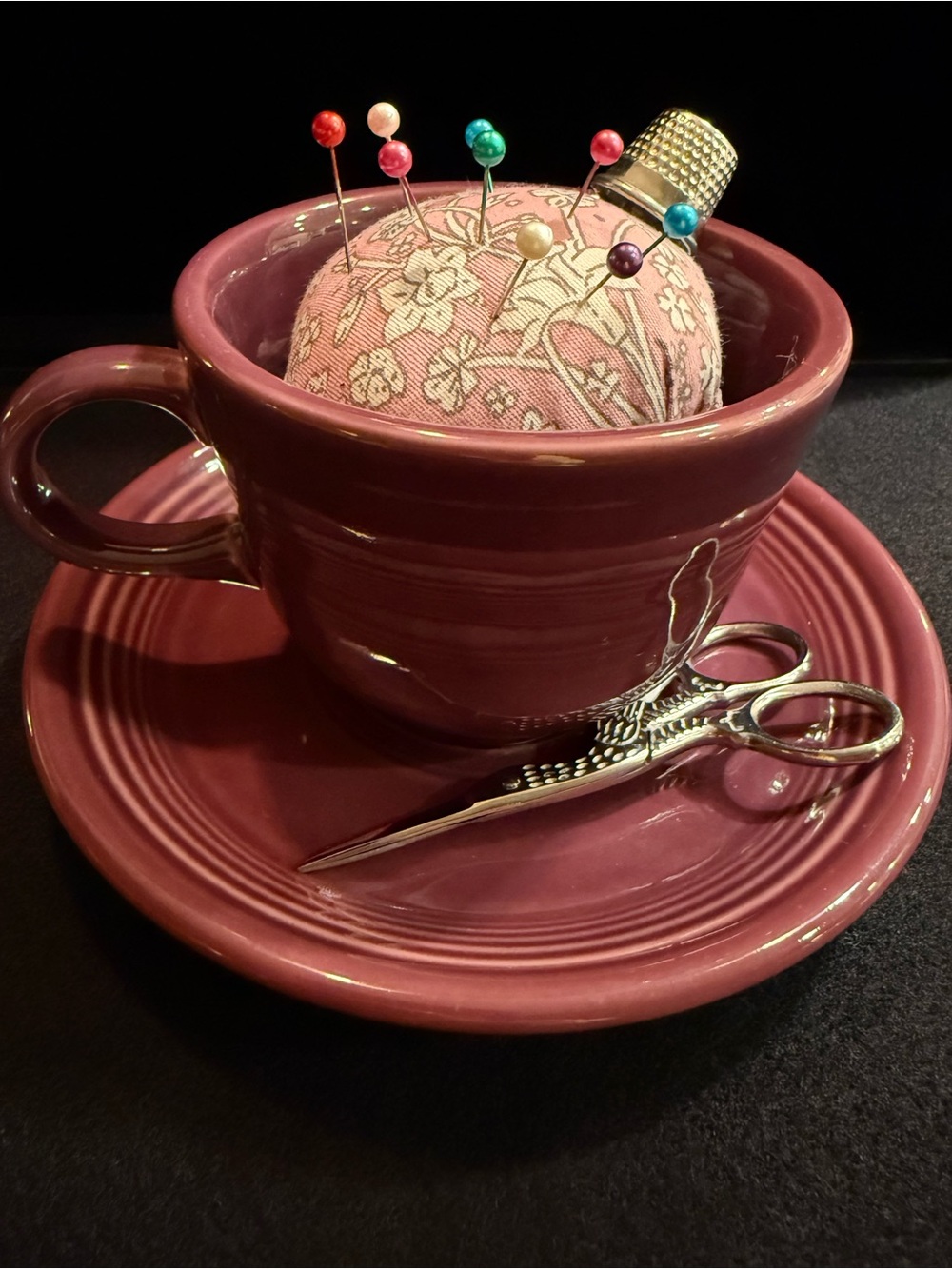 Sweet Pins and Needles Teacup Sewing Caddy in a purple hue